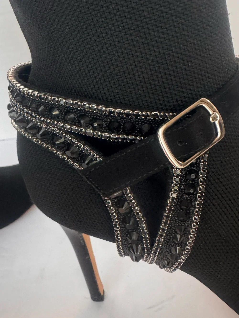 Badgley Mischka Black Stretch Knit Sock Booties Beaded Rhinestone Strap Size 7.5